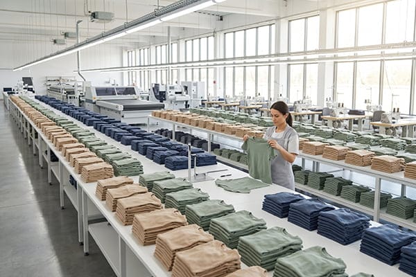 A massive factory floor with many sewing stations and workers
